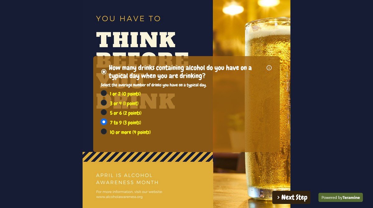 Screenshot of How many drinks containing alcohol do you have on a typical day when you are drinking?