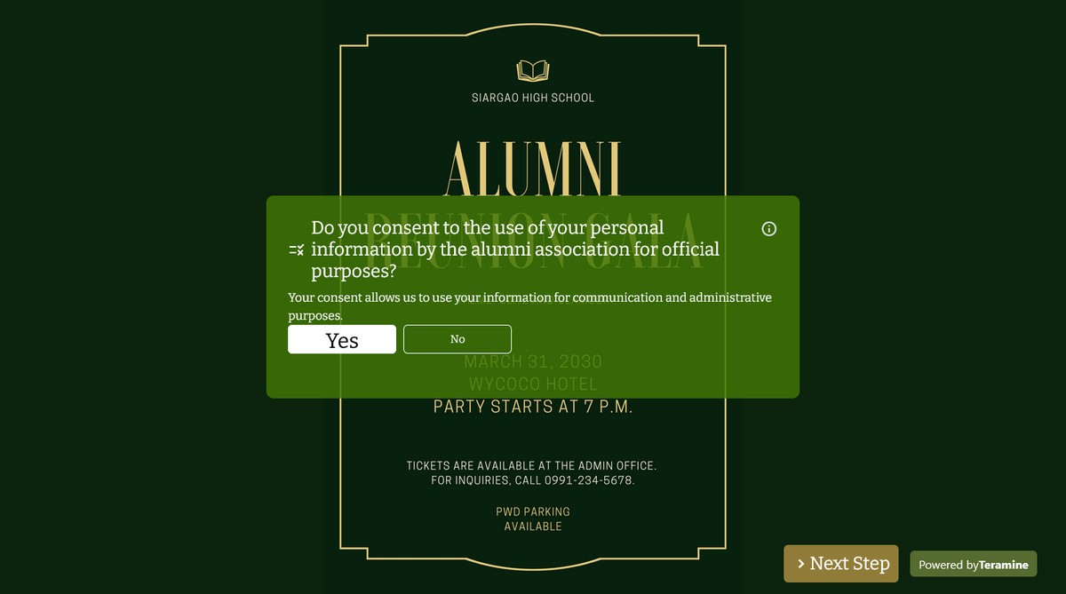 Screenshot of Do you consent to the use of your personal information by the alumni association for official purposes?