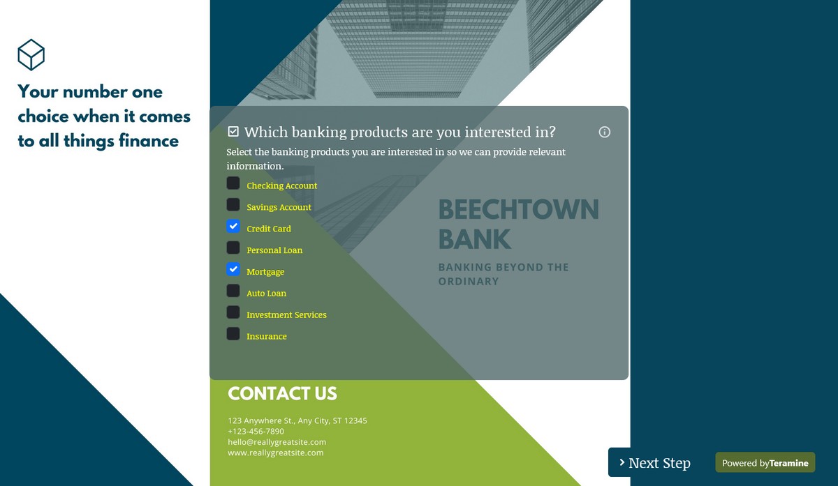 Screenshot of Which banking products are you interested in?