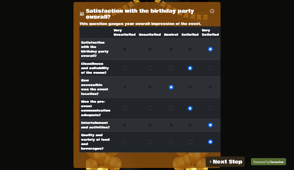 Screenshot of Satisfaction with the birthday party overall?