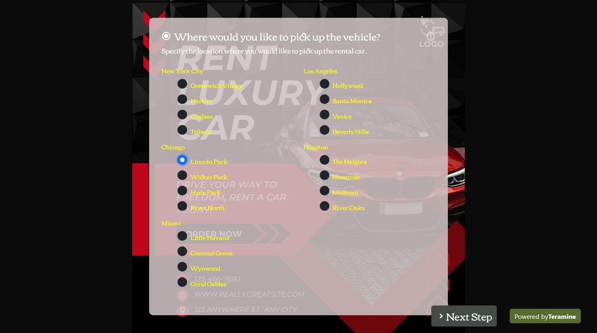 Screenshot of Where would you like to pick up the vehicle?