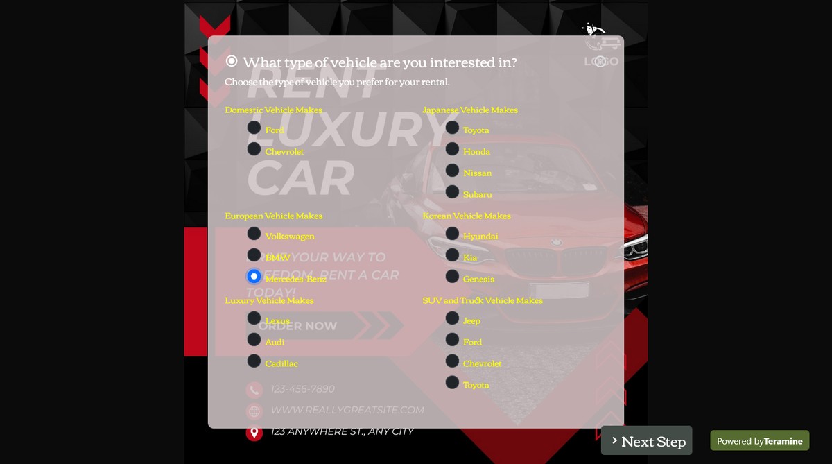 Screenshot of What type of vehicle are you interested in?