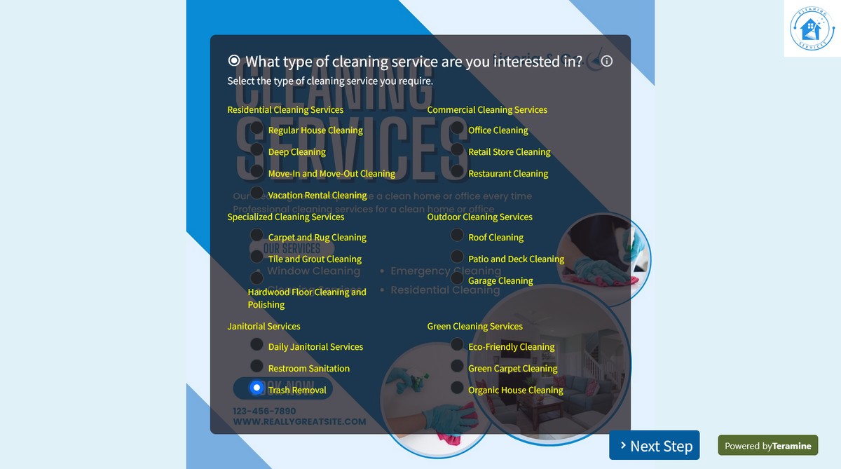 Screenshot of What type of cleaning service are you interested in?