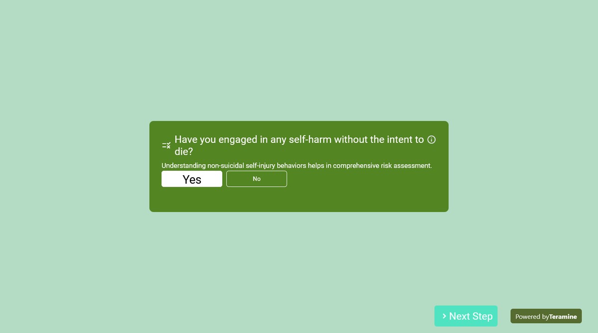 Screenshot of Have you engaged in any self-harm without the intent to die?