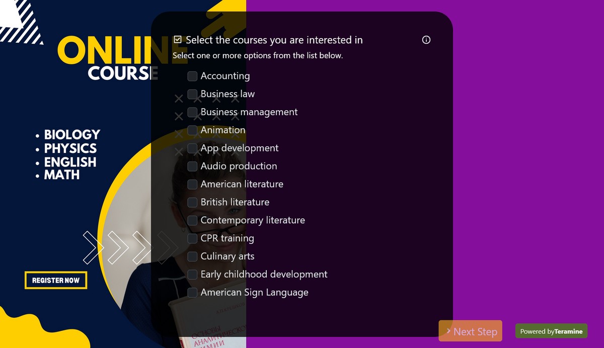 Screenshot of Select the courses you are interested in