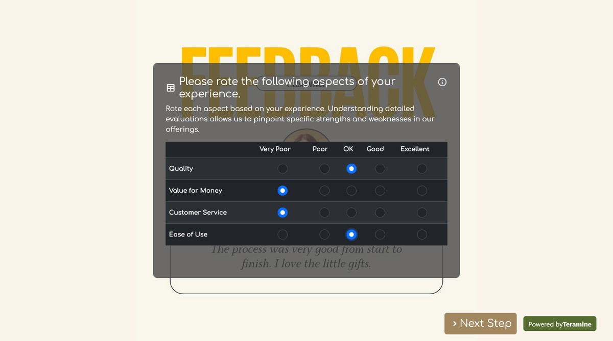 Screenshot of Please rate the following aspects of your experience.