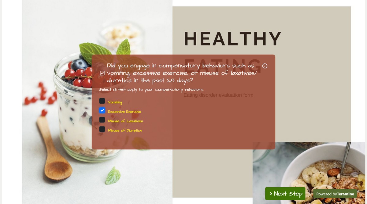 Screenshot of Did you engage in compensatory behaviors such as vomiting, excessive exercise, or misuse of laxatives/diuretics in the past 28 days?