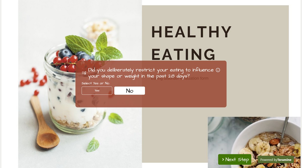 Screenshot of Did you deliberately restrict your eating to influence your shape or weight in the past 28 days?