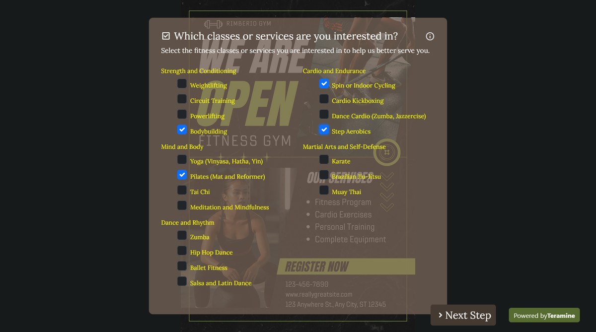 Screenshot of Which classes or services are you interested in?