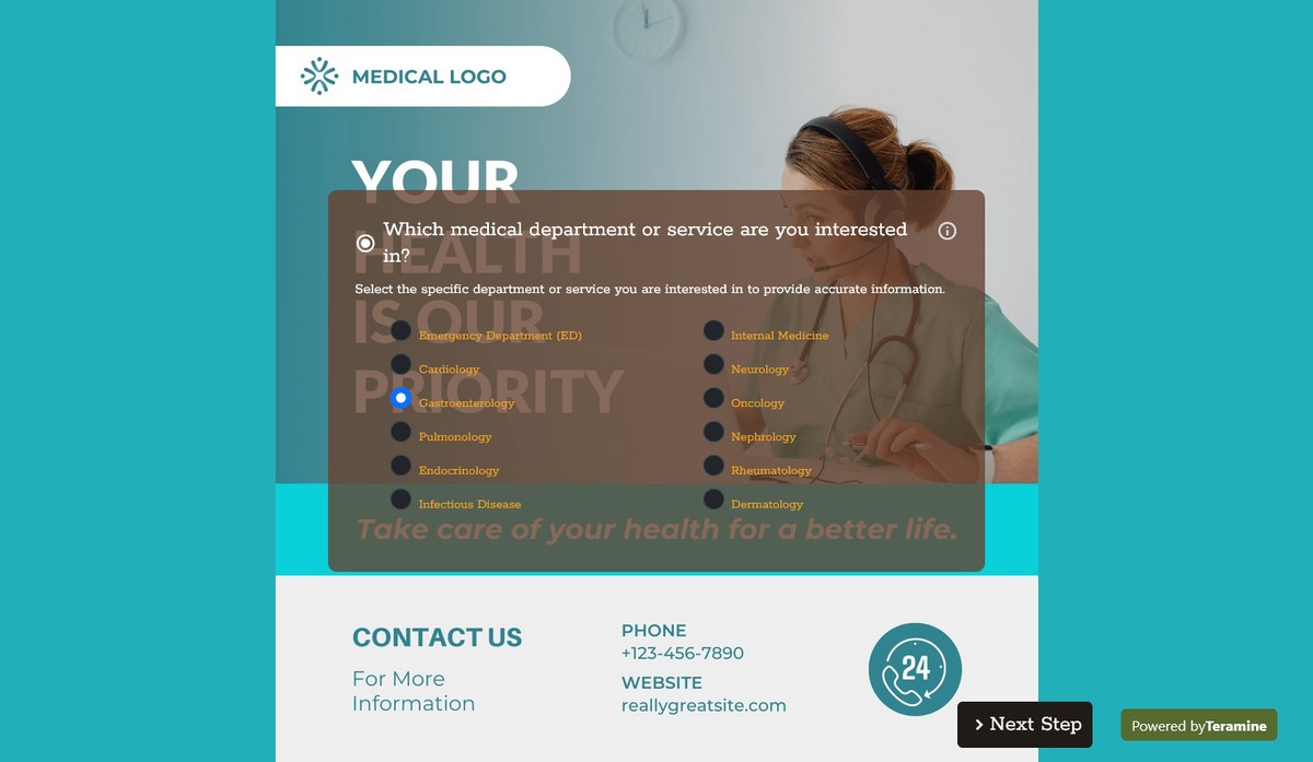 Screenshot of Which medical department or service are you interested in?