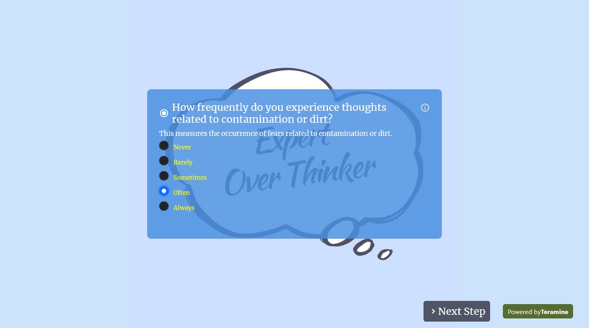 Screenshot of How frequently do you experience thoughts related to contamination or dirt?