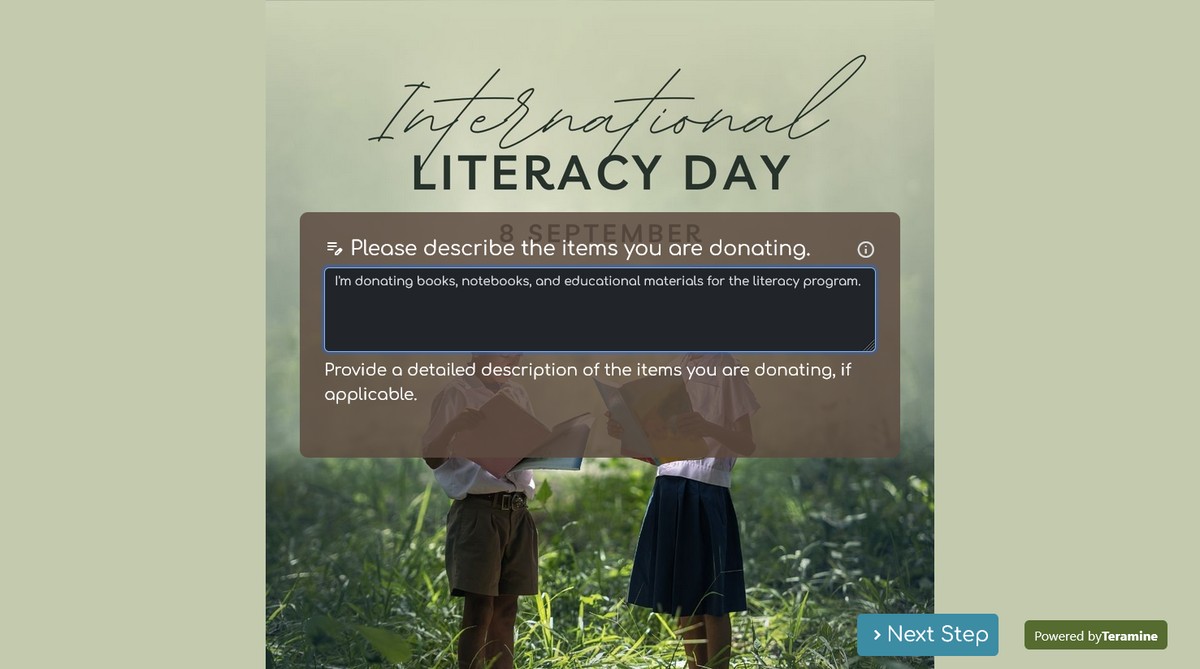 Screenshot of Please describe the items you are donating.