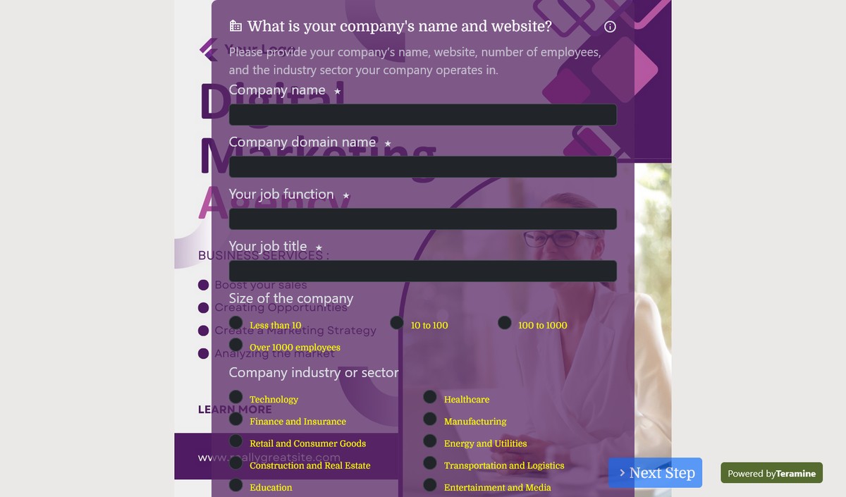 Screenshot of What is your company's name and website?