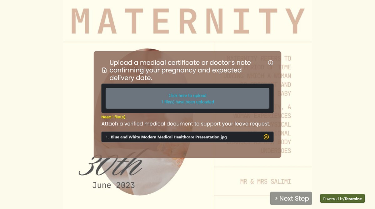 Screenshot of Upload a medical certificate or doctor's note confirming your pregnancy and expected delivery date.