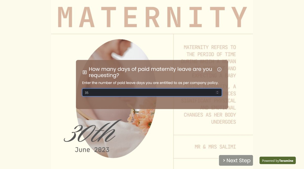 Screenshot of How many days of paid maternity leave are you requesting?