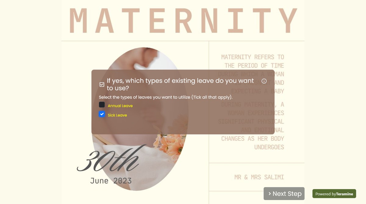 Screenshot of If yes, which types of existing leave do you want to use?