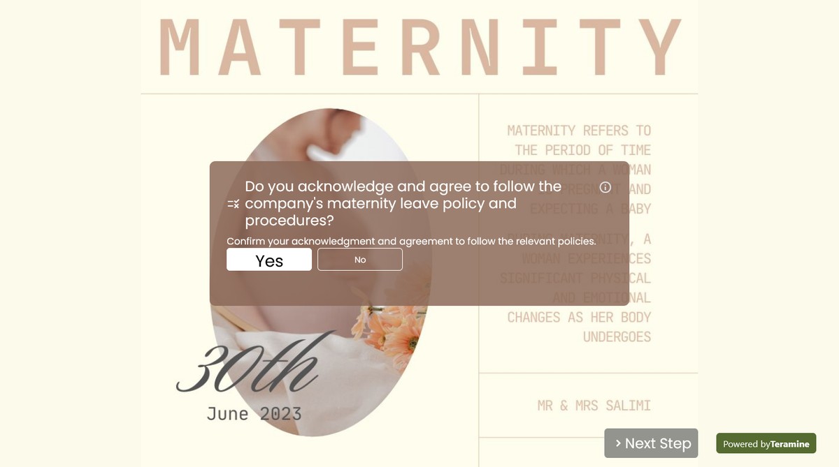 Screenshot of Do you acknowledge and agree to follow the company's maternity leave policy and procedures?