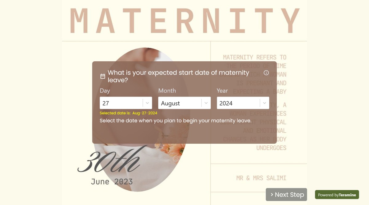 Screenshot of What is your expected start date of maternity leave?