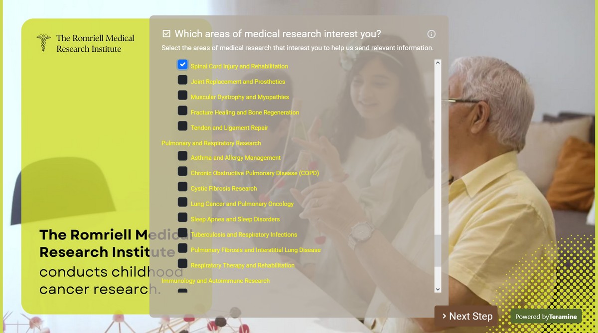 Screenshot of Which areas of medical research interest you?