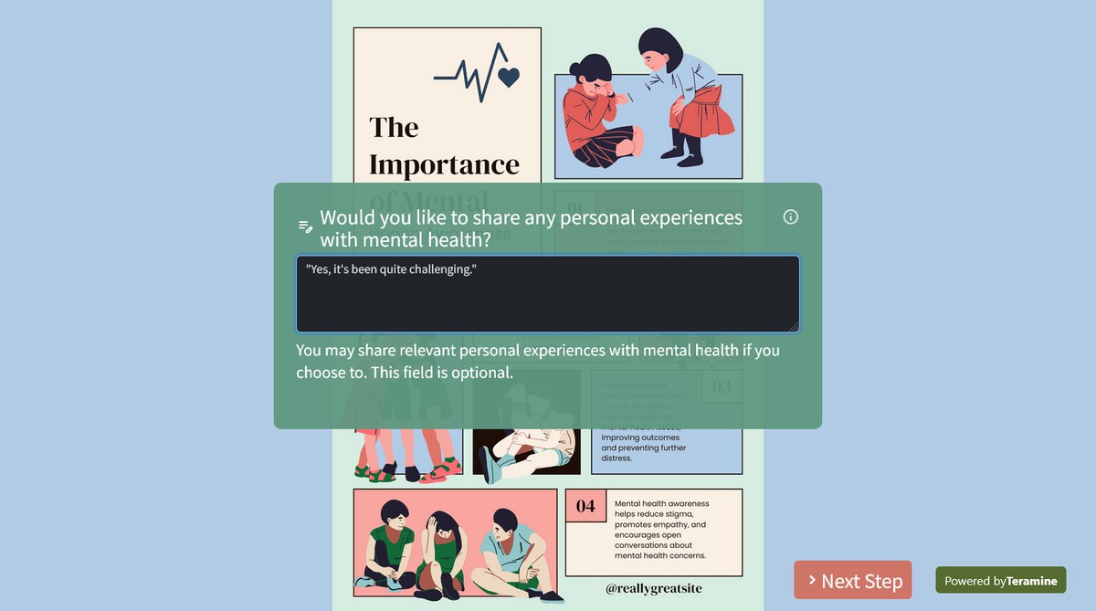 Screenshot of Would you like to share any personal experiences with mental health?