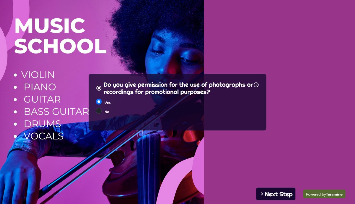 Screenshot of Do you give permission for the use of photographs or recordings for promotional purposes?