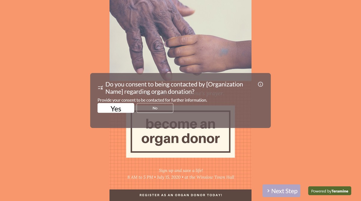 Screenshot of Do you consent to being contacted by [Organization Name] regarding organ donation?