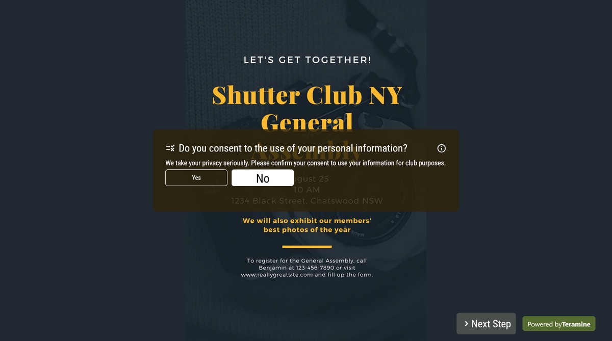 Screenshot of Do you consent to the use of your personal information?