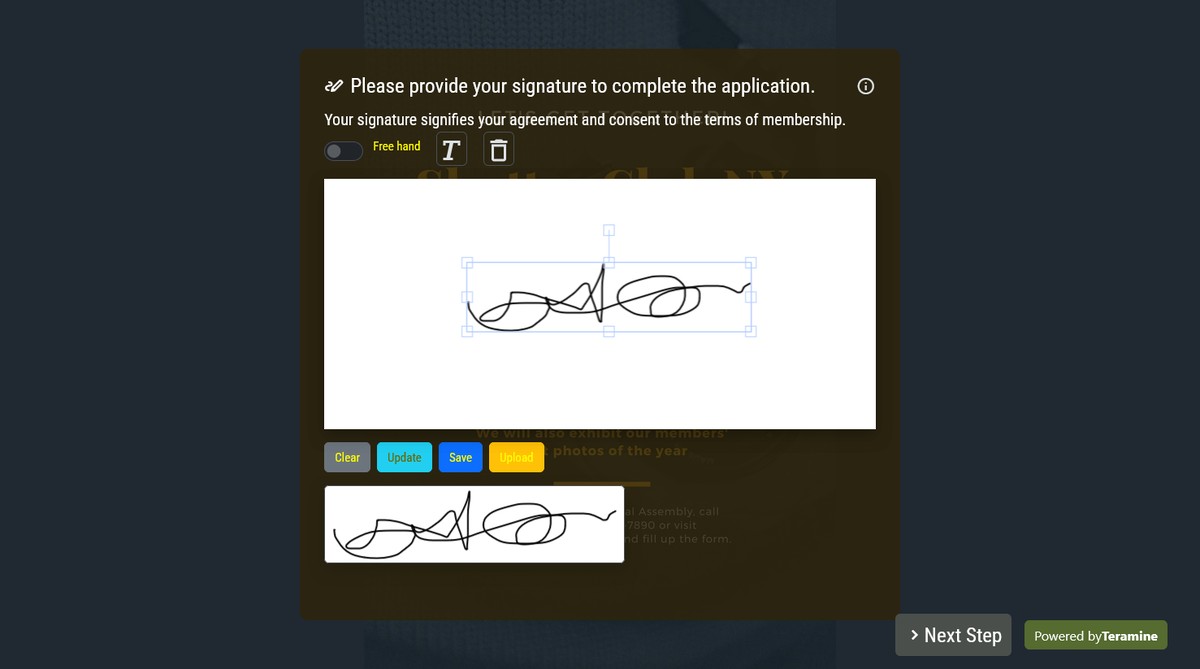 Screenshot of Please provide your signature to complete the application.