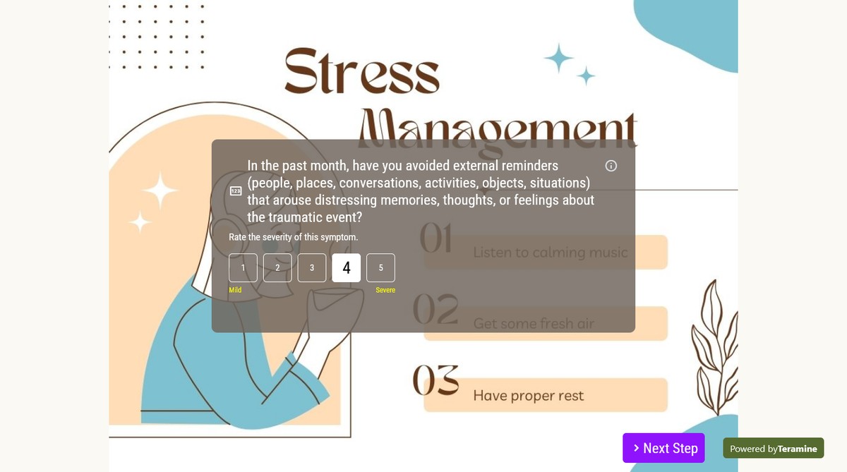 Screenshot of In the past month, have you avoided external reminders (people, places, conversations, activities, objects, situations) that arouse distressing memories, thoughts, or feelings about the traumatic event?