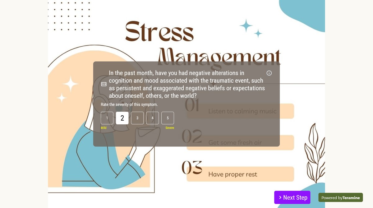 Screenshot of In the past month, have you had negative alterations in cognition and mood associated with the traumatic event, such as persistent and exaggerated negative beliefs or expectations about oneself, others, or the world?