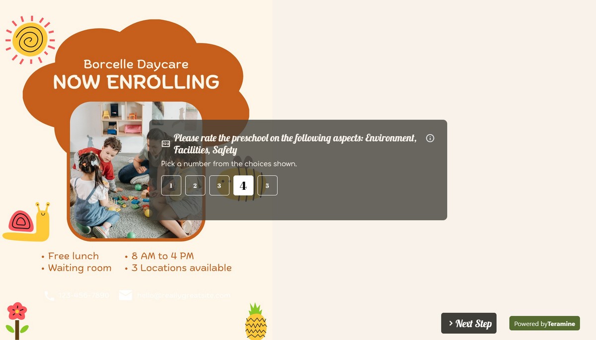 Screenshot of Please rate the preschool on the following aspects: Environment, Facilities, Safety