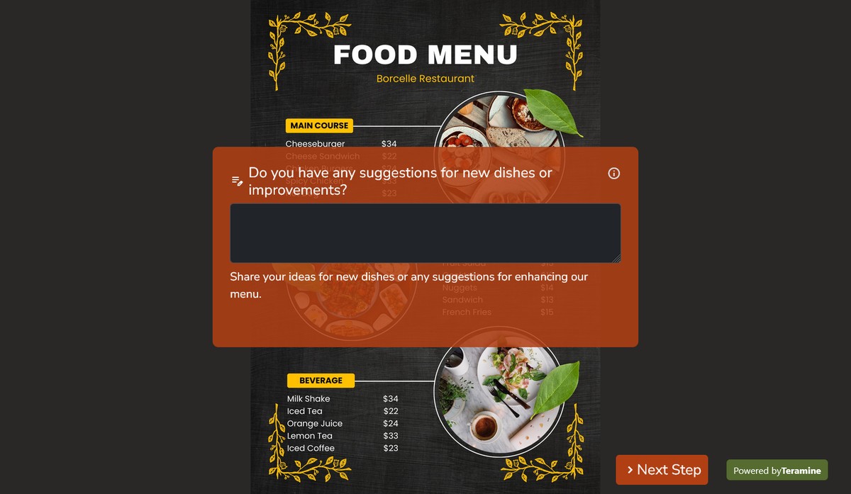 Screenshot of Do you have any suggestions for new dishes or improvements?