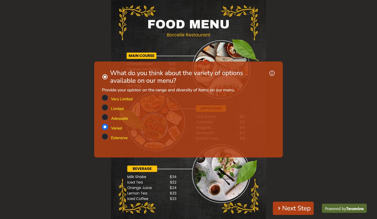 Screenshot of What do you think about the variety of options available on our menu?