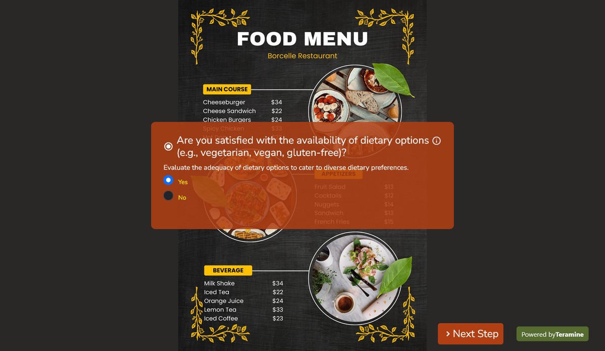 Screenshot of Are you satisfied with the availability of dietary options (e.g., vegetarian, vegan, gluten-free)?