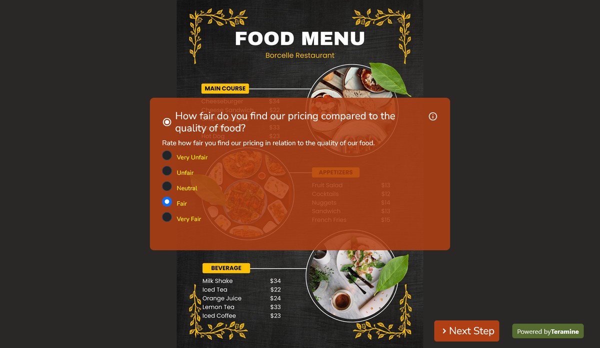 Screenshot of How fair do you find our pricing compared to the quality of food?