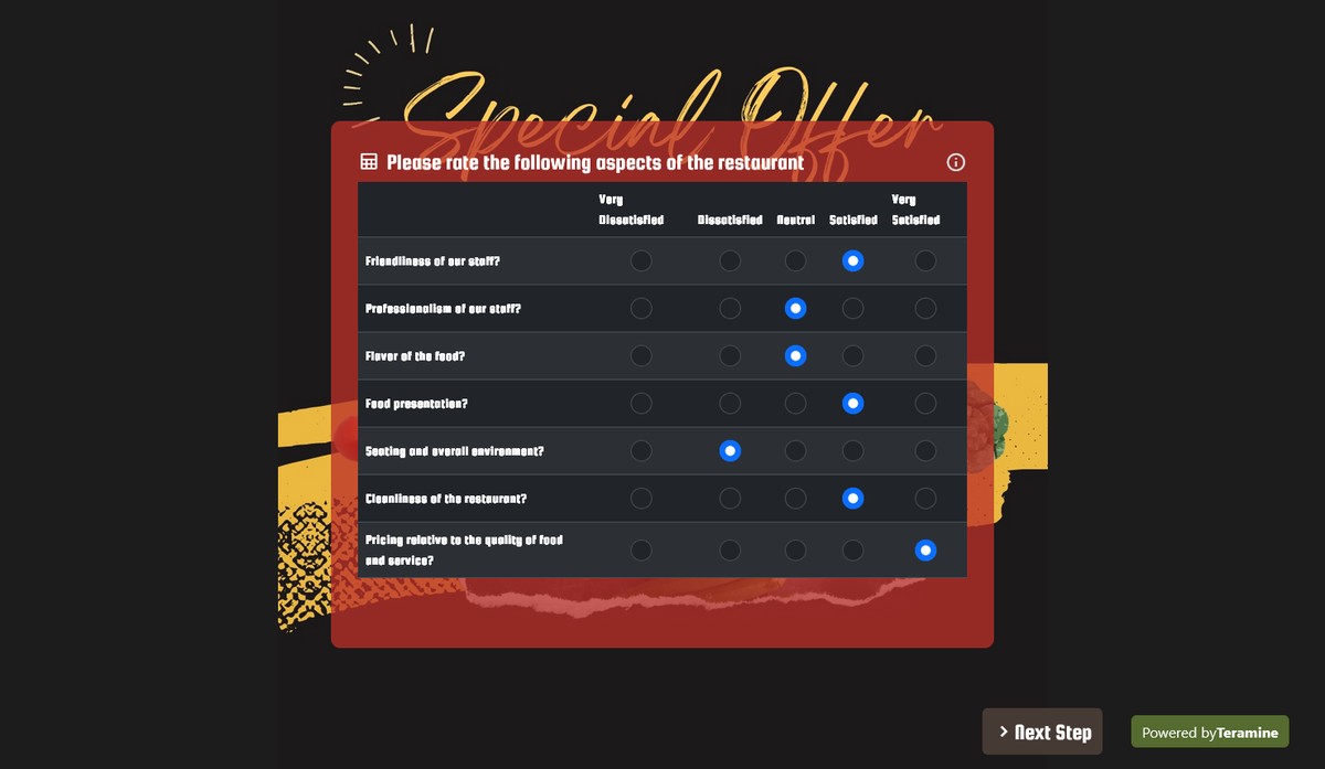 Screenshot of Please rate the following aspects of the restaurant