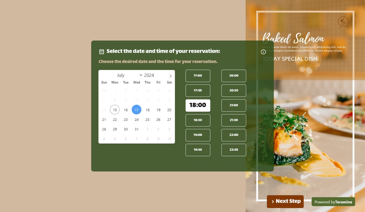 Screenshot of Select the date and time of your reservation: