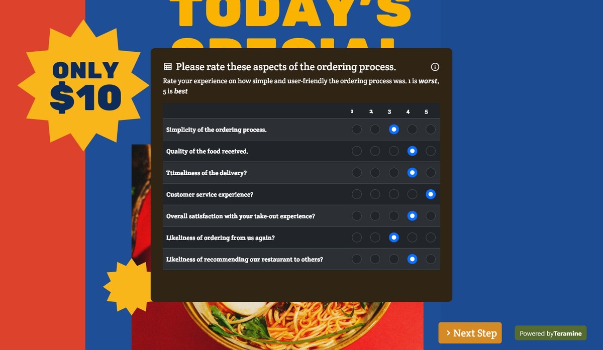 Screenshot of Please rate these aspects of the ordering process.