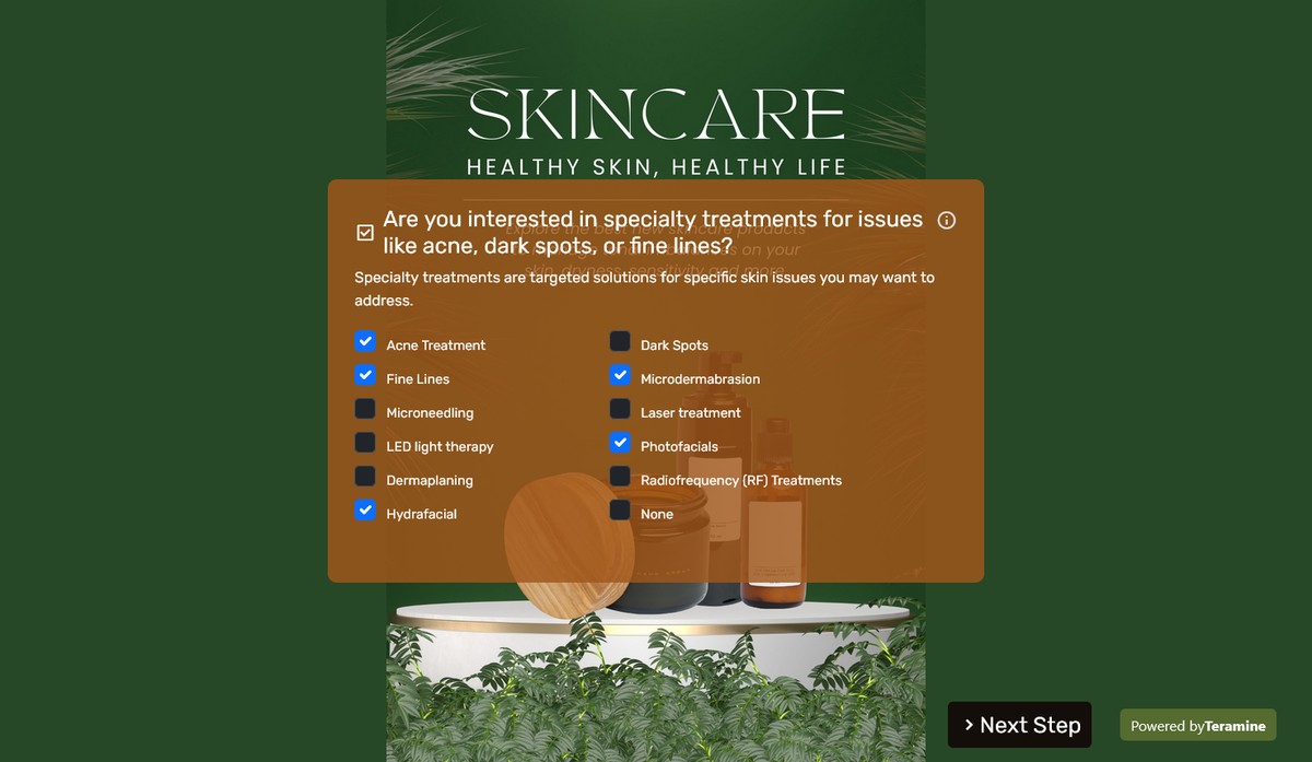 Screenshot of Are you interested in specialty treatments for issues like acne, dark spots, or fine lines?