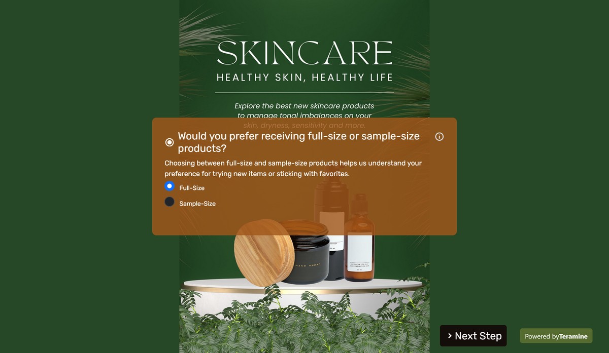 Screenshot of Would you prefer receiving full-size or sample-size products?