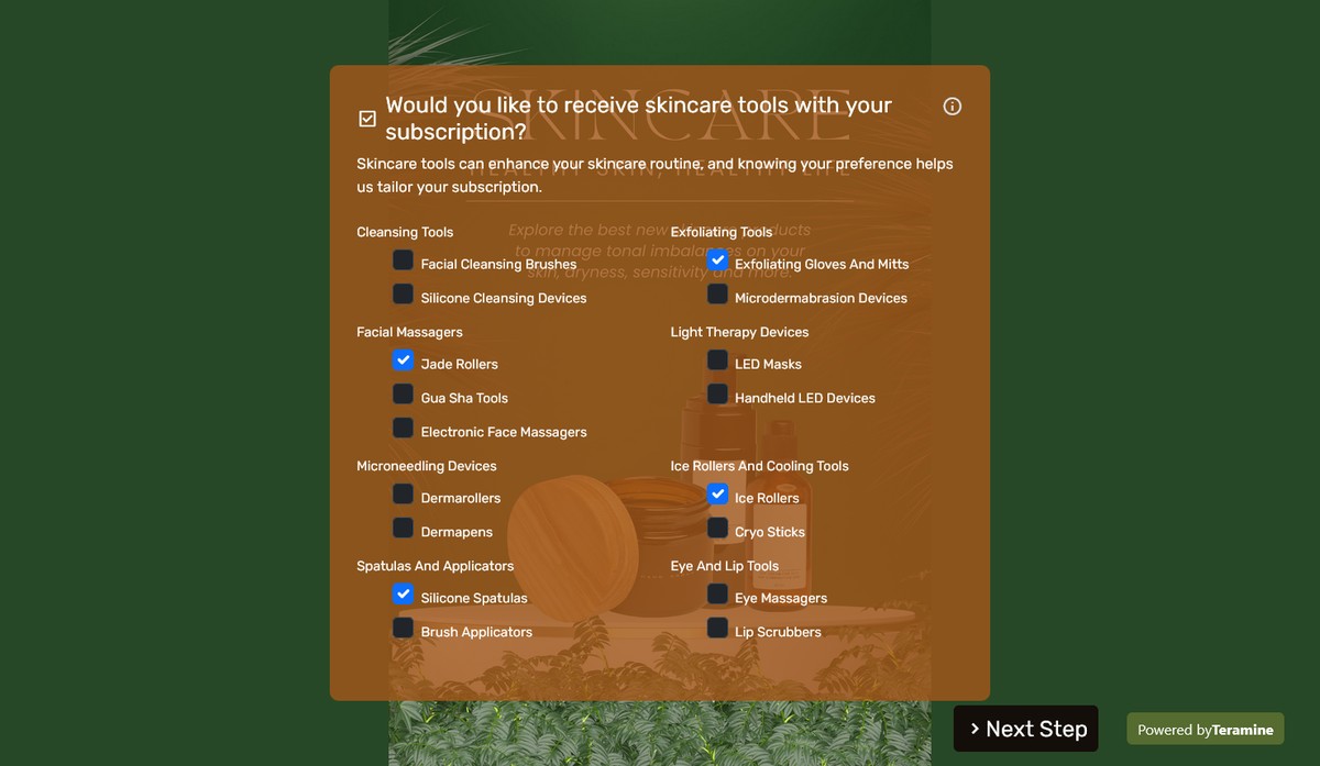 Screenshot of Would you like to receive skincare tools with your subscription?