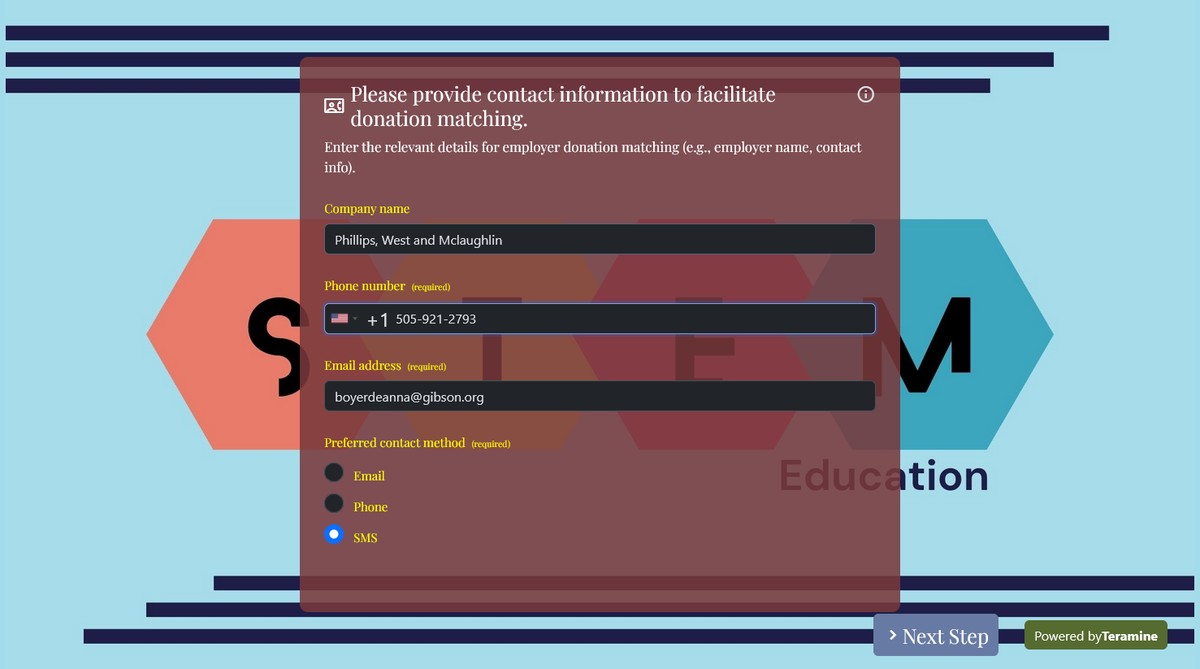 Screenshot of Please provide contact information to facilitate donation matching.