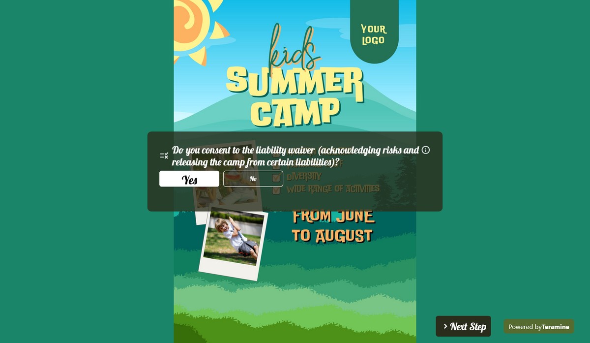 Screenshot of Do you consent to the liability waiver (acknowledging risks and releasing the camp from certain liabilities)?