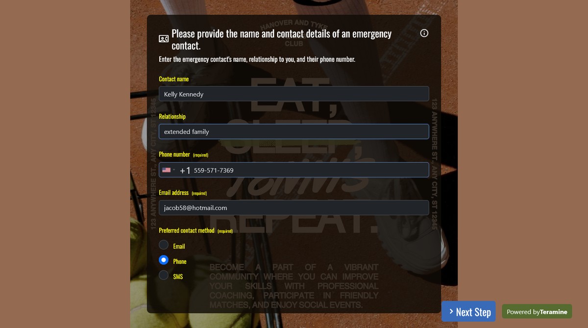 Screenshot of Please provide the name and contact details of an emergency contact.