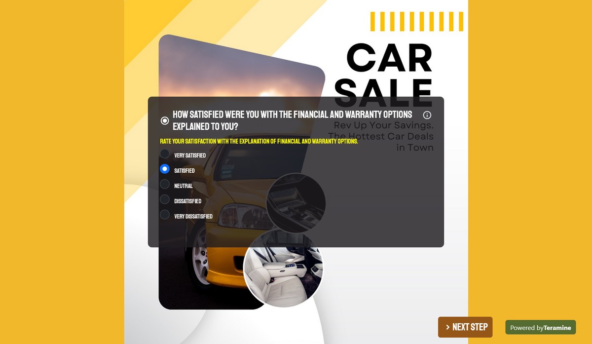 Screenshot of How satisfied were you with the financial and warranty options explained to you?