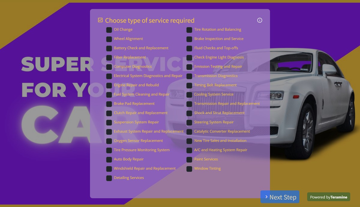 Screenshot of Choose type of service required